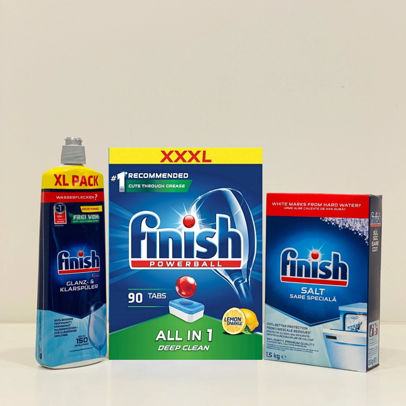 combo Viên rửa bát finish all in one 100 viên+Dung dịch Nước làm bóng finish 800ml +Muối rửa bát finish 1.5kg cho Máy rửa bát