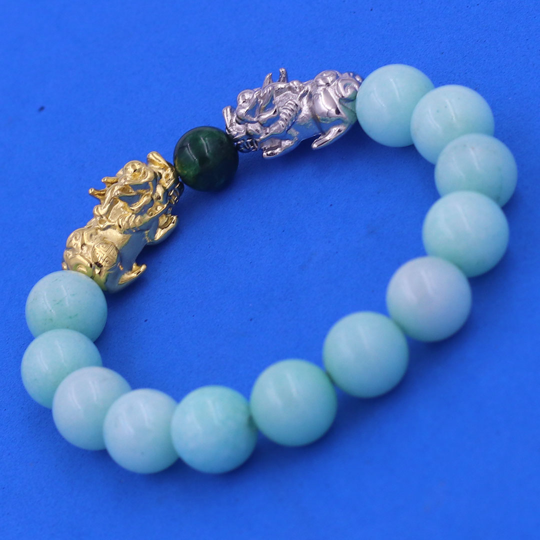 Vòng chuỗi đeo tay đá ngọc bích xanh 12 ly charm tỳ hưu đôi inox trắng và vàng, vòng chuỗi phong thủy, charm tỳ hưu, vòng tay hạt chuỗi