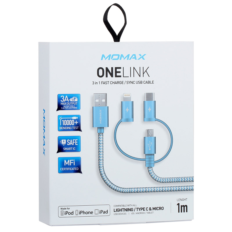 Cáp sạc và Truyền dữ liệu Đa năng 3 trong 1 Momax ONE Link DX1 cổng Type C + Lightning + Micro USB - Hàng chính hãng