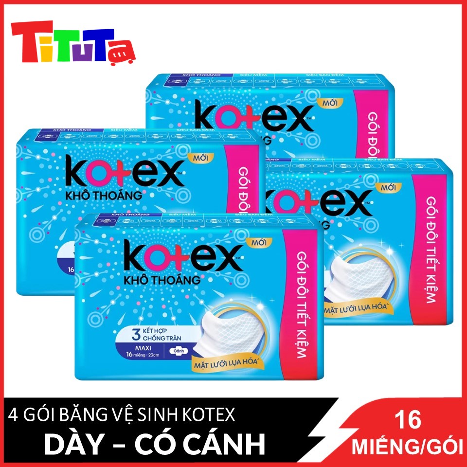 Combo 4 Băng Vệ Sinh Maxi Có Cánh 23cm Kotex Khô Thoáng Kết Hợp 3 Chống Tràn 16 miếng