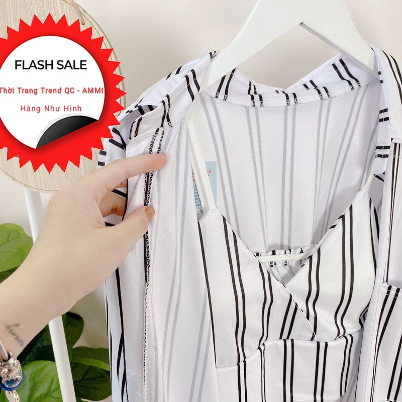Bộ Áo Sơ Mi Kẻ Áo Bra Nữ 2 Dây Set Somi Dài Tay Kèm Áo Lót Có Mút Ngực X023