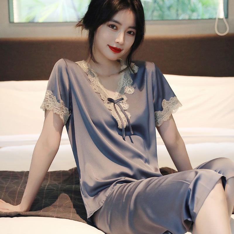 Bộ đồ ngủ pijama nữ, bộ mặc nhà quần lửng mùa hè vải lụa ngắn tay, cổ chữ V phối ren quyến rũ, phong cách ngọt ngào PN