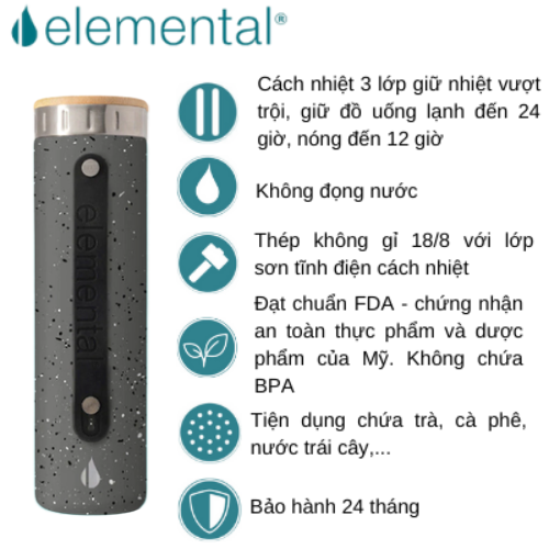 Bình giữ nhiệt Elemental Iconic màu xám đốm 590ml, giữ nhiệt vượt trội, inox 304, FDA Hoa Kì, An toàn sức khỏe, có lưới lọc