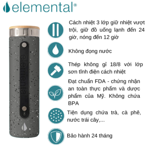 [Hàng chính hãng – Thương hiệu Mỹ] Bình giữ nhiệt Elemental Iconic màu xám đốm 590ml, giữ nhiệt vượt trội, inox 304, FDA Hoa Kì, An toàn sức khỏe, có lưới lọc