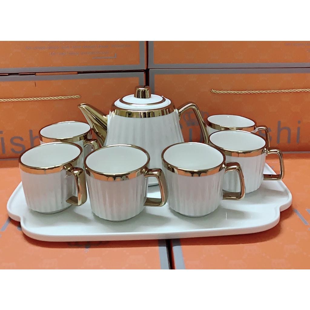 BỘ ẤM CHÉN KÈM KHAY SỨ PHA TRÀ CÀ PHÊ TRẮNG VIỀN VÀNG VÂN TĂM