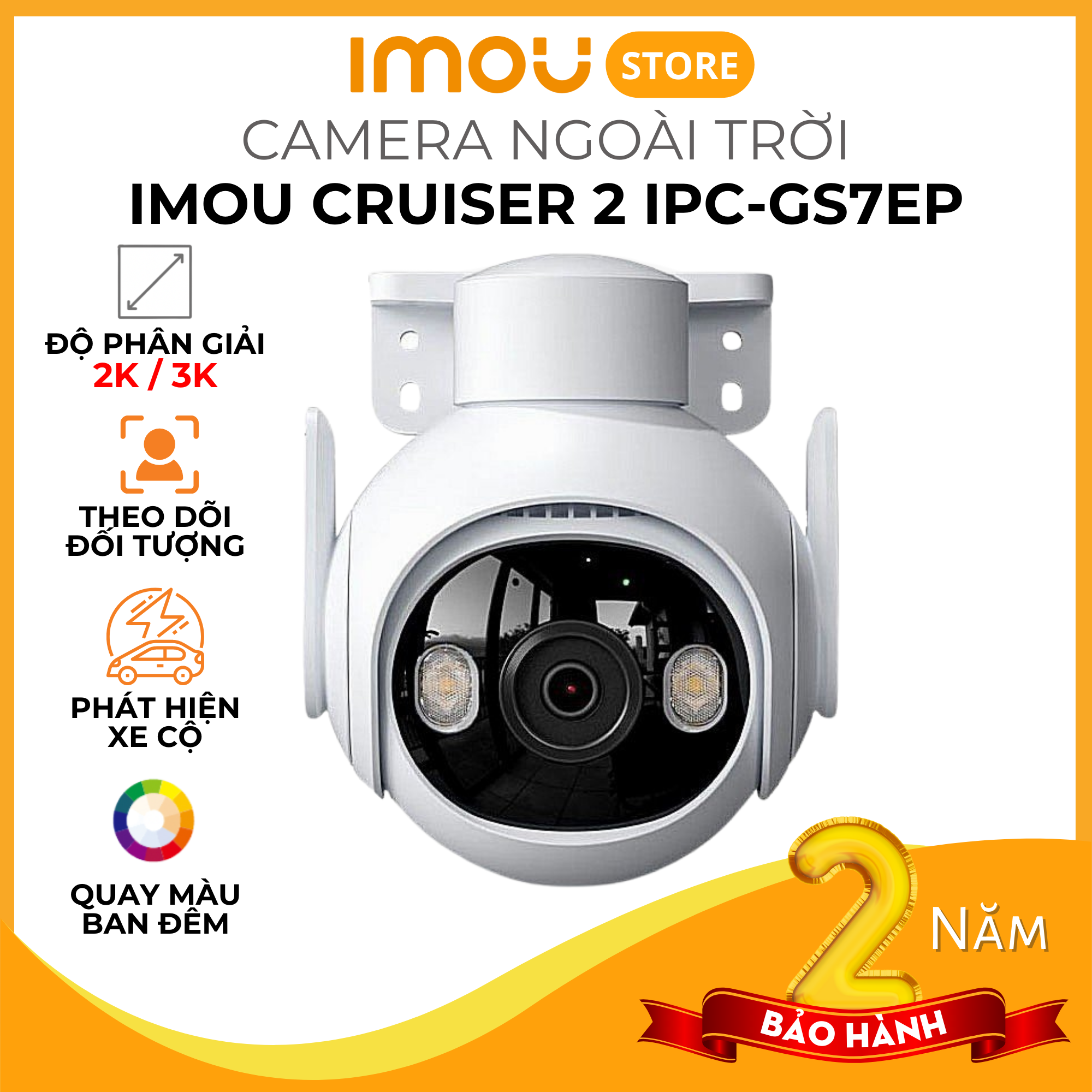 Camera Wifi ngoài trời Imou Cruiser 2 IPC-GS7EP-5M0WE - 3MP5MP, độ phân giải cao 2K  3K, phát hiện người và xe cộ, có màu ban đêm - Hàng chính hãng - 3K - 5MP