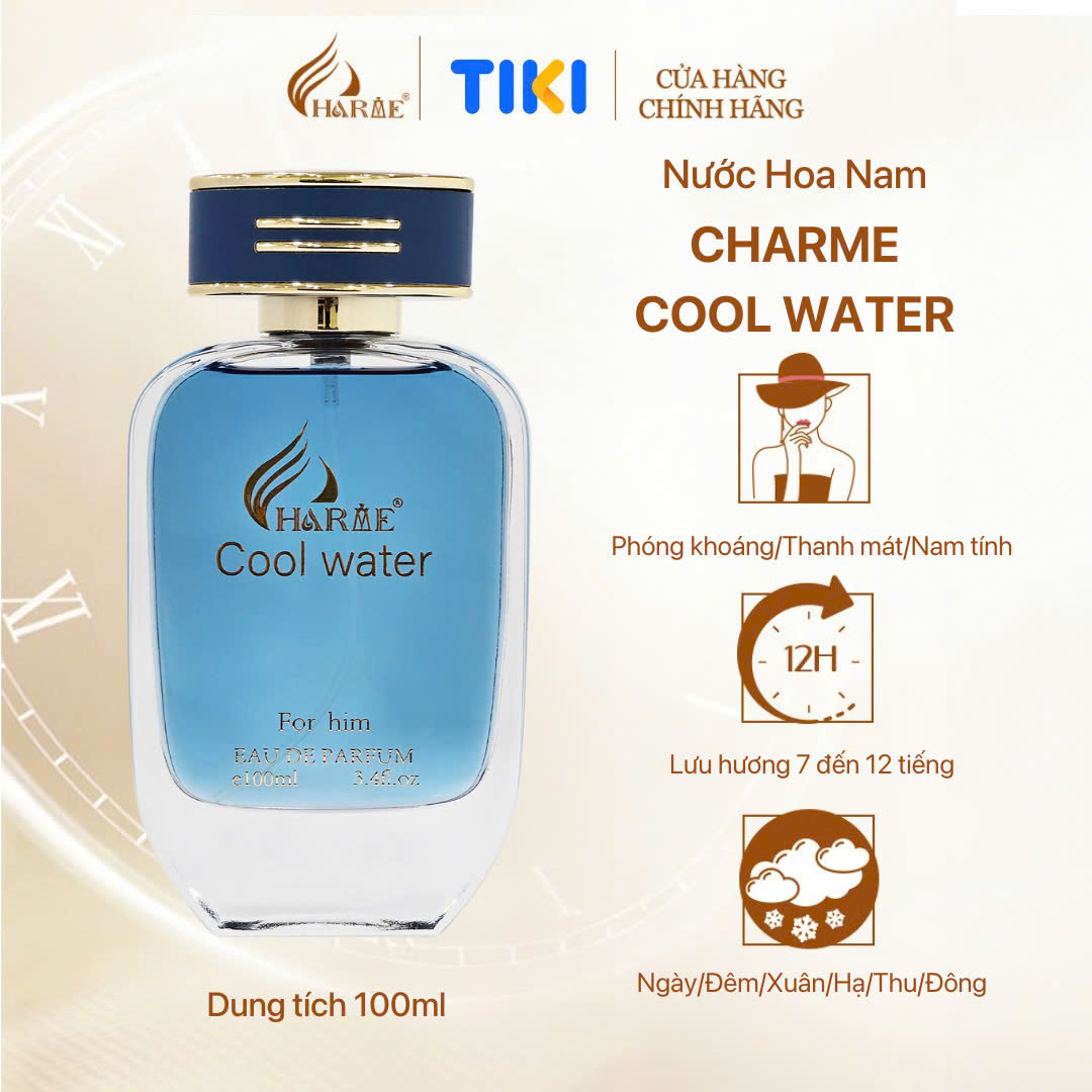 Nước Hoa Nam CHARME COOL WATER 100ml Lưu Hương Lâu Phóng Khoáng, Nam Tính_Nước Hoa Chính Hãng