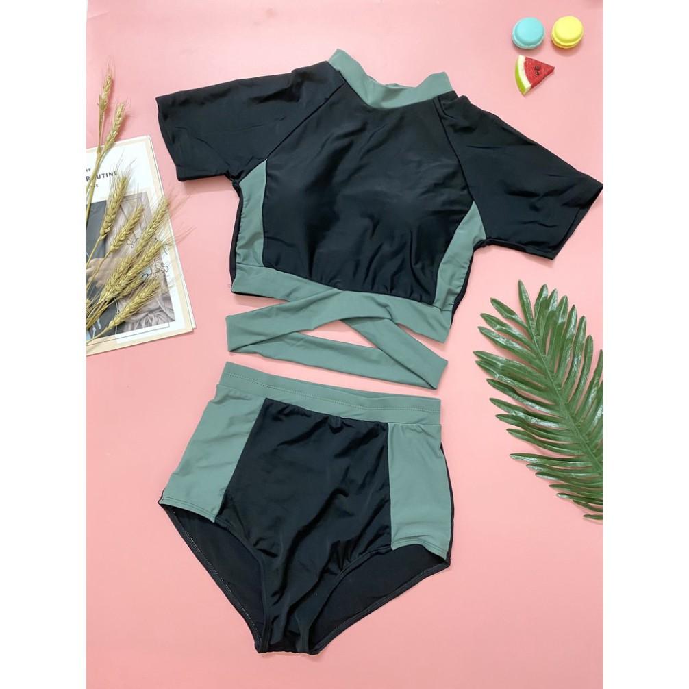 freeship Bikini đồ bơi hai mảnh cộc tay đen pha rêu Hàn quốc siêu đẹp nữ tính kín đáo