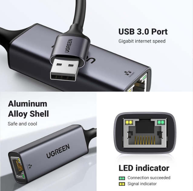 Cáp chuyển USB 3.0 to Lan hỗ trợ 10/100/1000 Mbps Ugreen 15736 - Hàng chính hãng