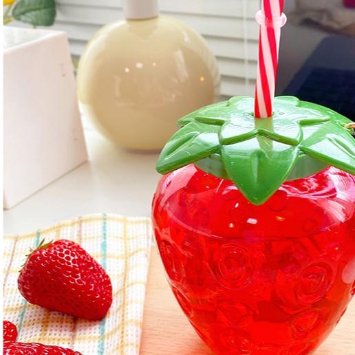Ly dâu tây có ống hút và đồ trang trí hình dâu tây, ly nhựa cao cấp xinh xắn—500ml