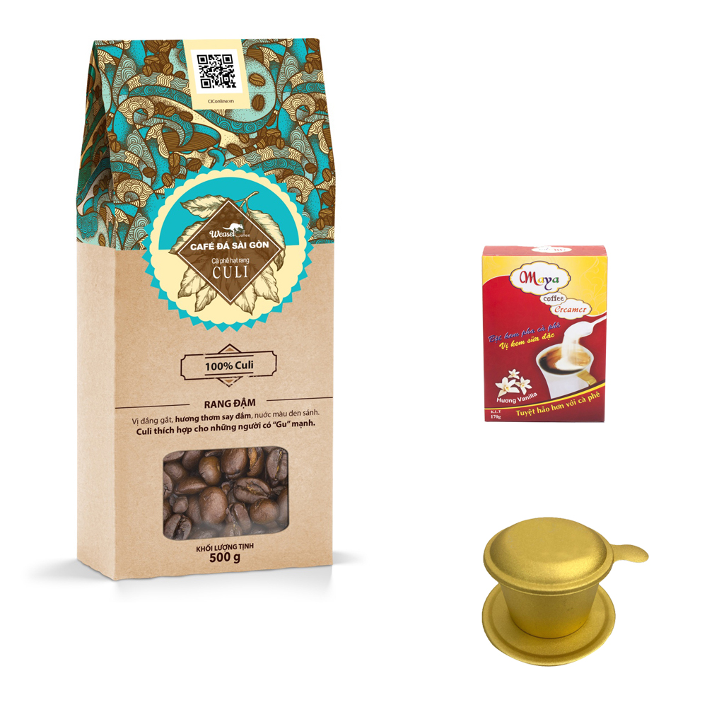 Combo: Cà phê hạt rang Culi 500g + bột kem pha cà phê 170g + phin cà phê cao cấp