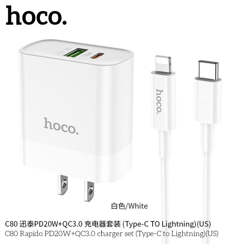 Bộ Sạc Dành Cho HoCo C80 18W Sạc Nhanh (Kèm Cáp Type C To IP),  Củ Sạc Chân Dẹt Tiêu Chuẩn UK, C80 Rapido PD + QC 3.0 Hàng Chính Hãng