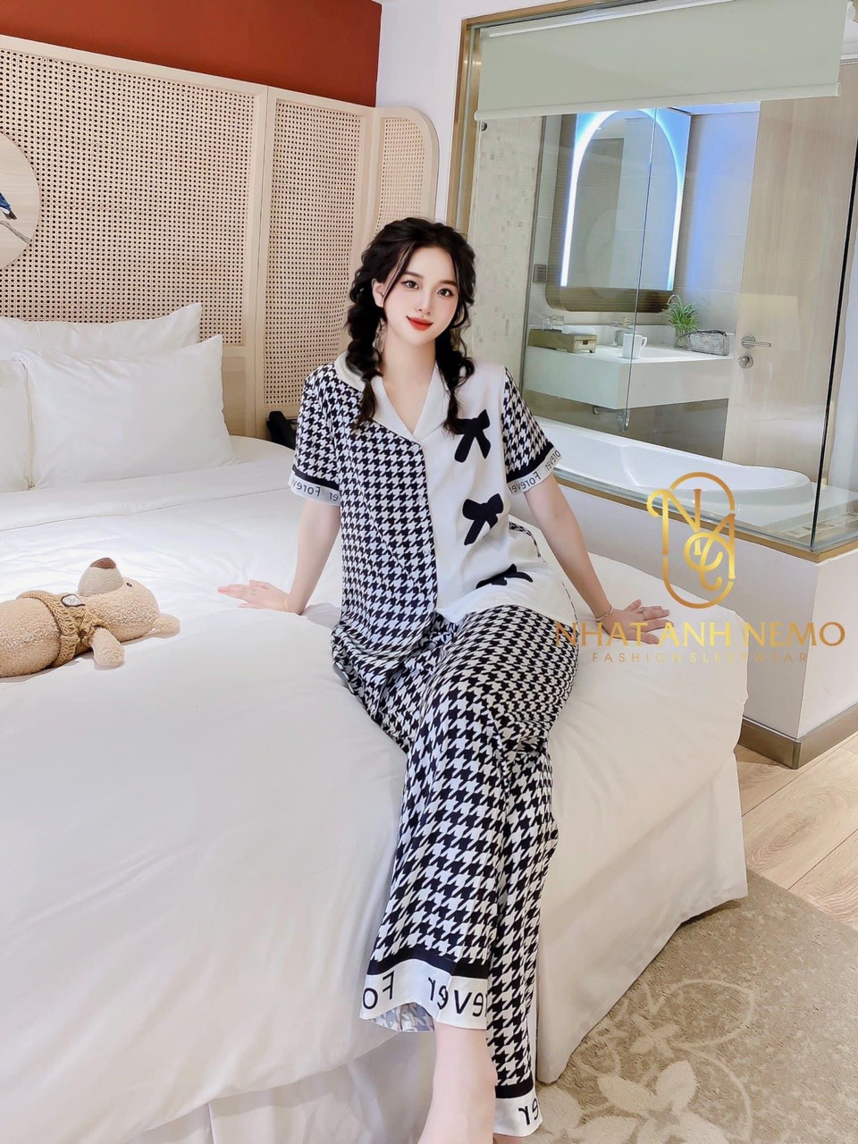 Bồ Bồ Nữ Tay Ngắn Quần Dài Hoạ Tiết Nơ xinh xắn