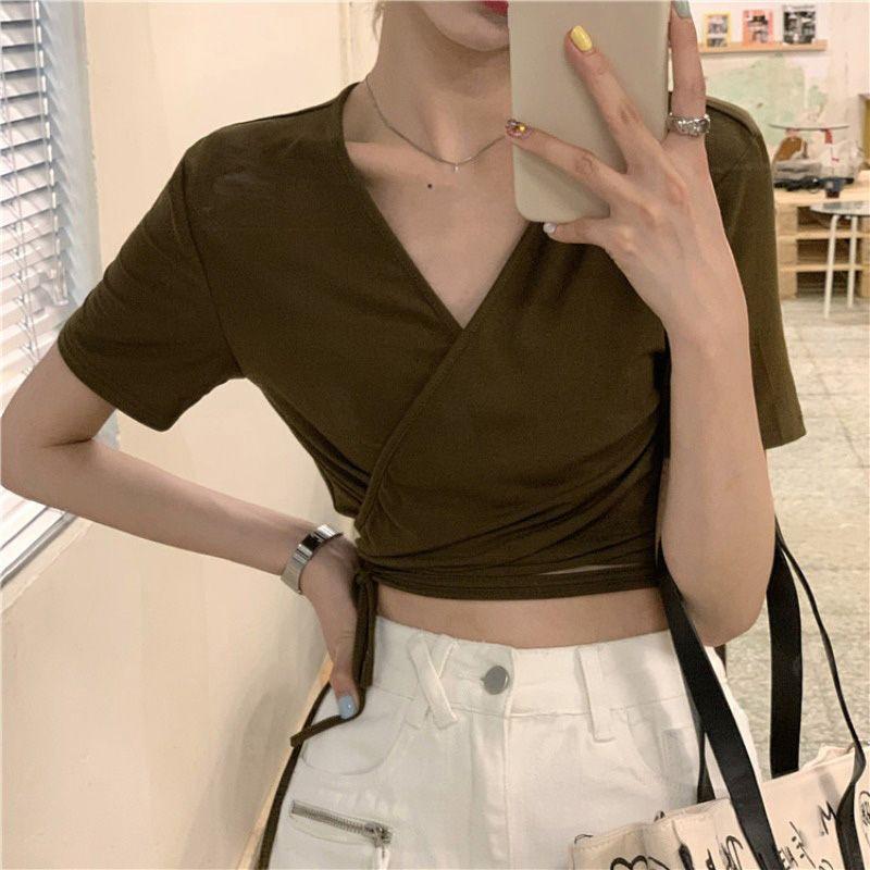 Áo thun croptop nữ hè cỏ V bó eo buộc dây