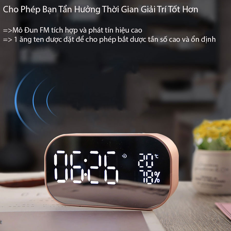 Loa Nghe Nhạc Bluetooth Kiêm Đồng Hồ Báo Thức,Mặt Kính Tráng Gương, Âm Thanh Siêu Trầm Cao Cấp