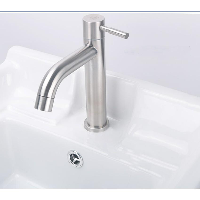 Vòi lavabo xả lạnh cắm chậu OS107 chất liêu inox 304 - tặng kèm dây cấp lạnh inox dài 60cm - bảo hành 2 năm toàn quốc