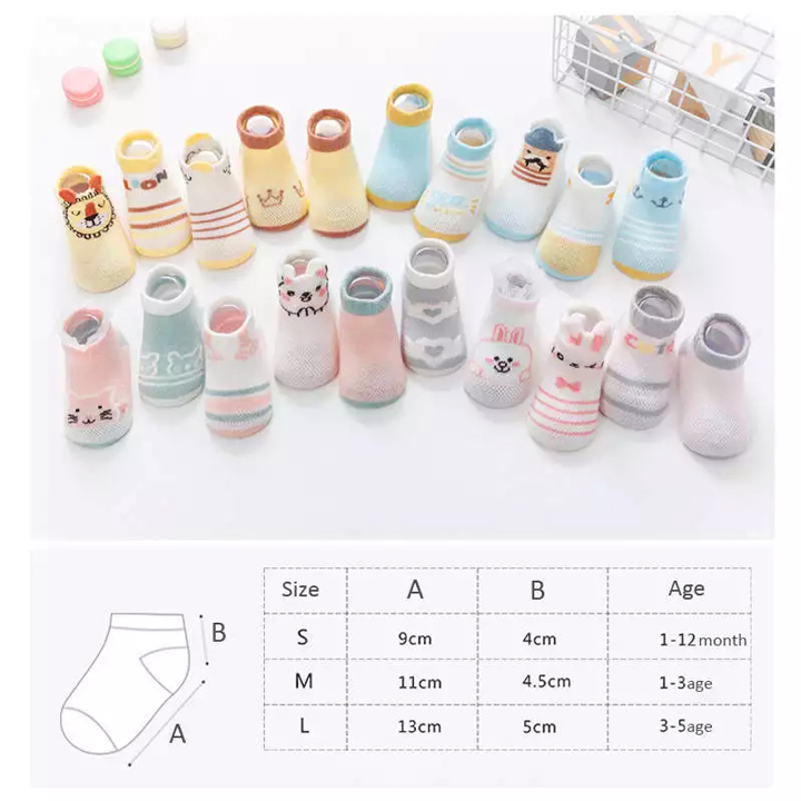 Set 5 đôi tất lưới cổ thấp cho bé 0-2 tuổi chất cotton chống trơn trượt hình thú lạ mắt phối màu xinh xắn – T013 - Xanh ,M