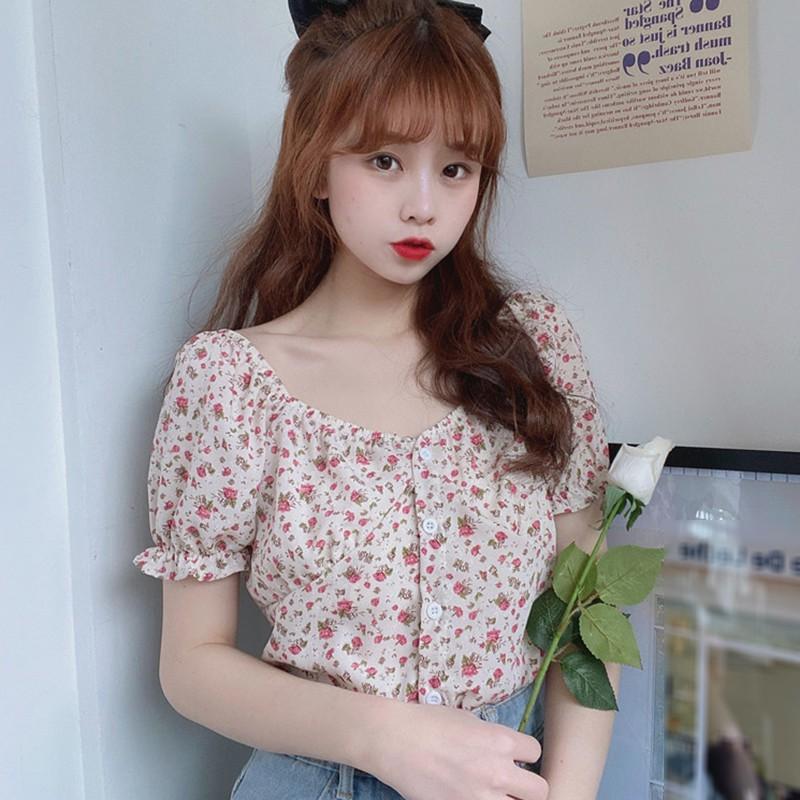 Áo Kiểu Chiffon Tay Ngắn Cổ Vuông In Họa Tiết Xinh Xắn Cho Nữ