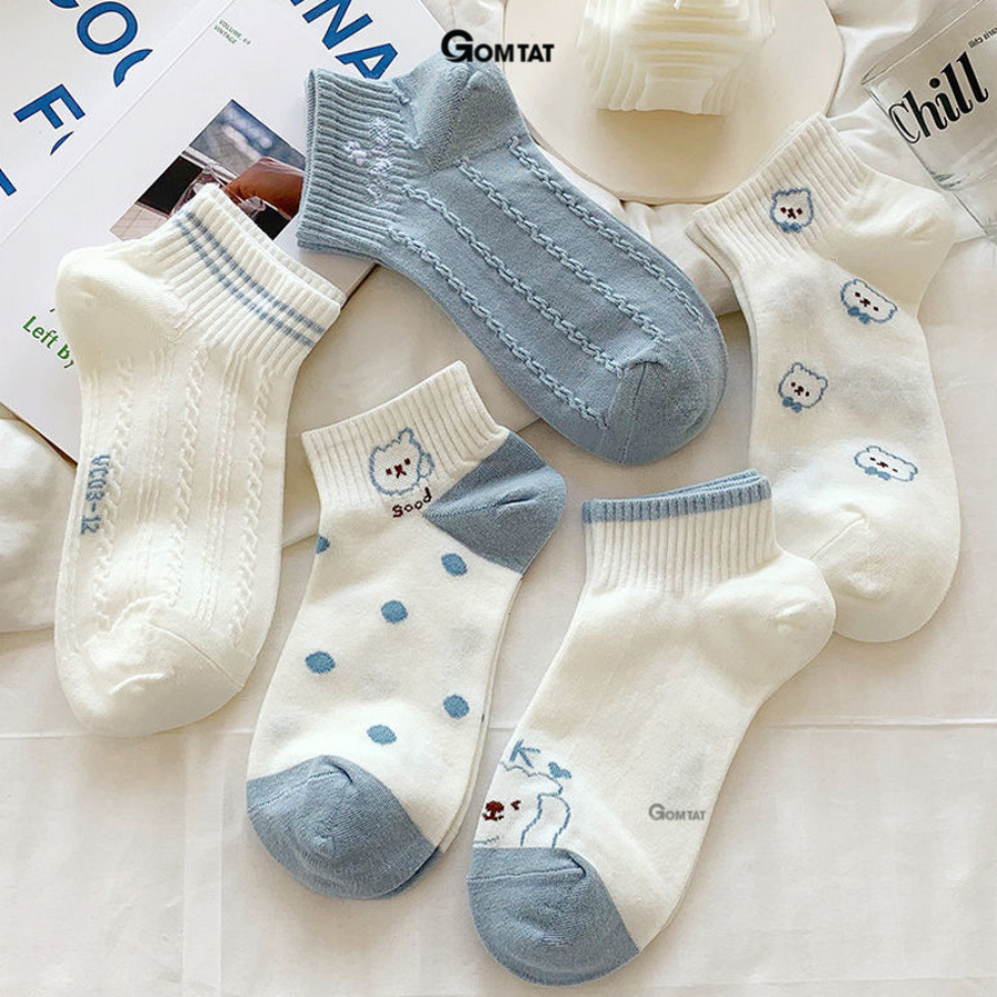 Set 5 đôi vớ nữ cổ ngắn họa tiết đơn giản siêu dễ thương, tất nữ cổ thấp chất liệu cotton mềm mỏng thoáng mát - CB089