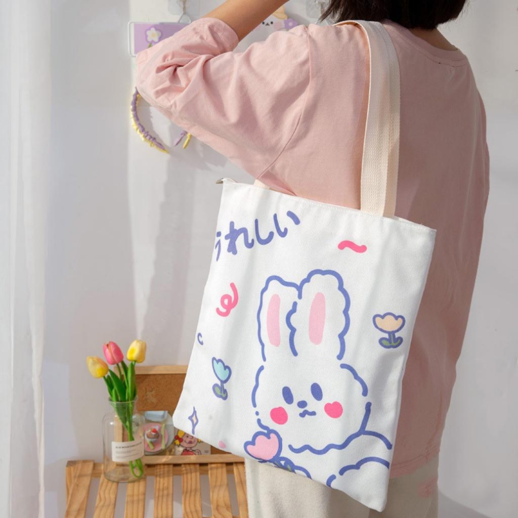 Túi tote gấu thỏ đeo vai ULZZANG - Túi vải canvas dễ thương size lớn dây dài đựng vừa A4 TX09