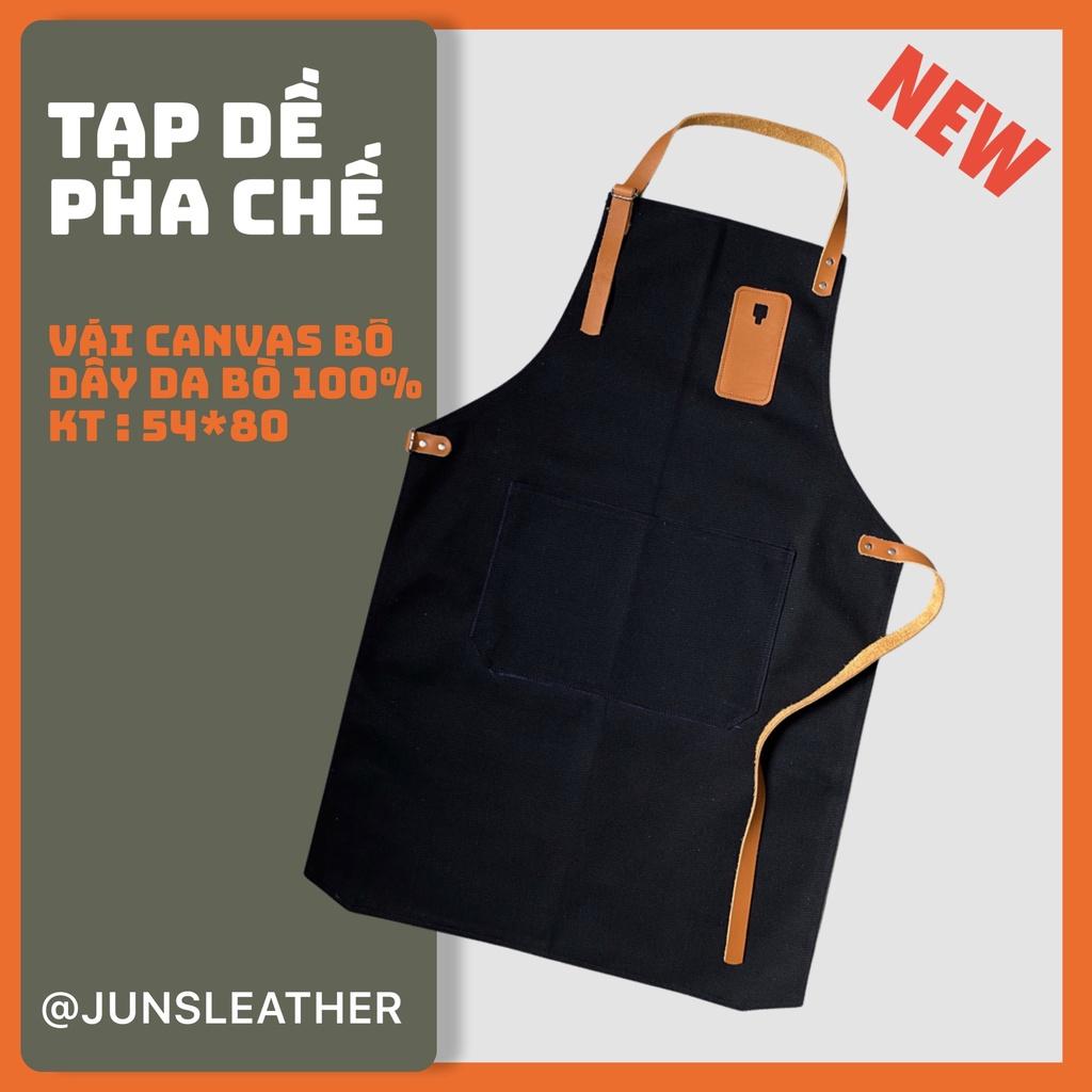 Tạp dề pha chế vải canvas dây da của Junsleather phối da bò cao cấp dành cho Barista/Bartender quán cà phê