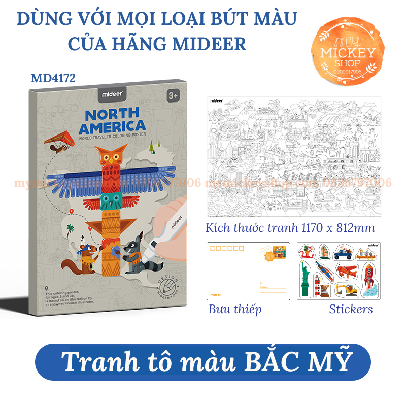 Tranh thủ công tô màu với 3 chủ đề Du Lịch các châu lục chính hãng Mideer World Traveler Coloring Poster cho bé từ 3 tuổi