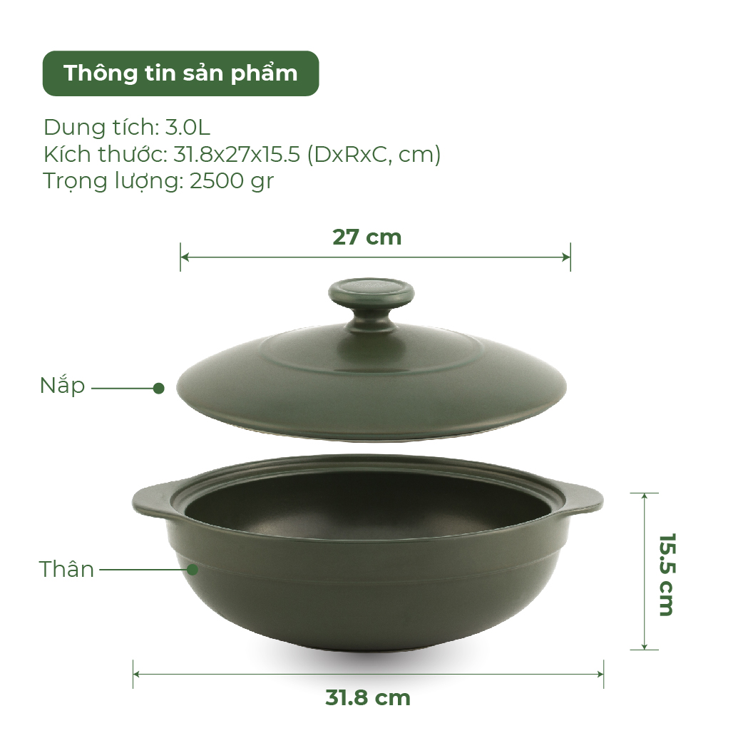 Nồi Sứ Dưỡng Sinh Minh Long - Luna cao cấp - 3.0 L - dùng cho Bếp Ga, Hồng Ngoại, có nắp đậy, tráng men màu sứ xanh rêu, có thể kho cá, hầm cháo - nồi đất