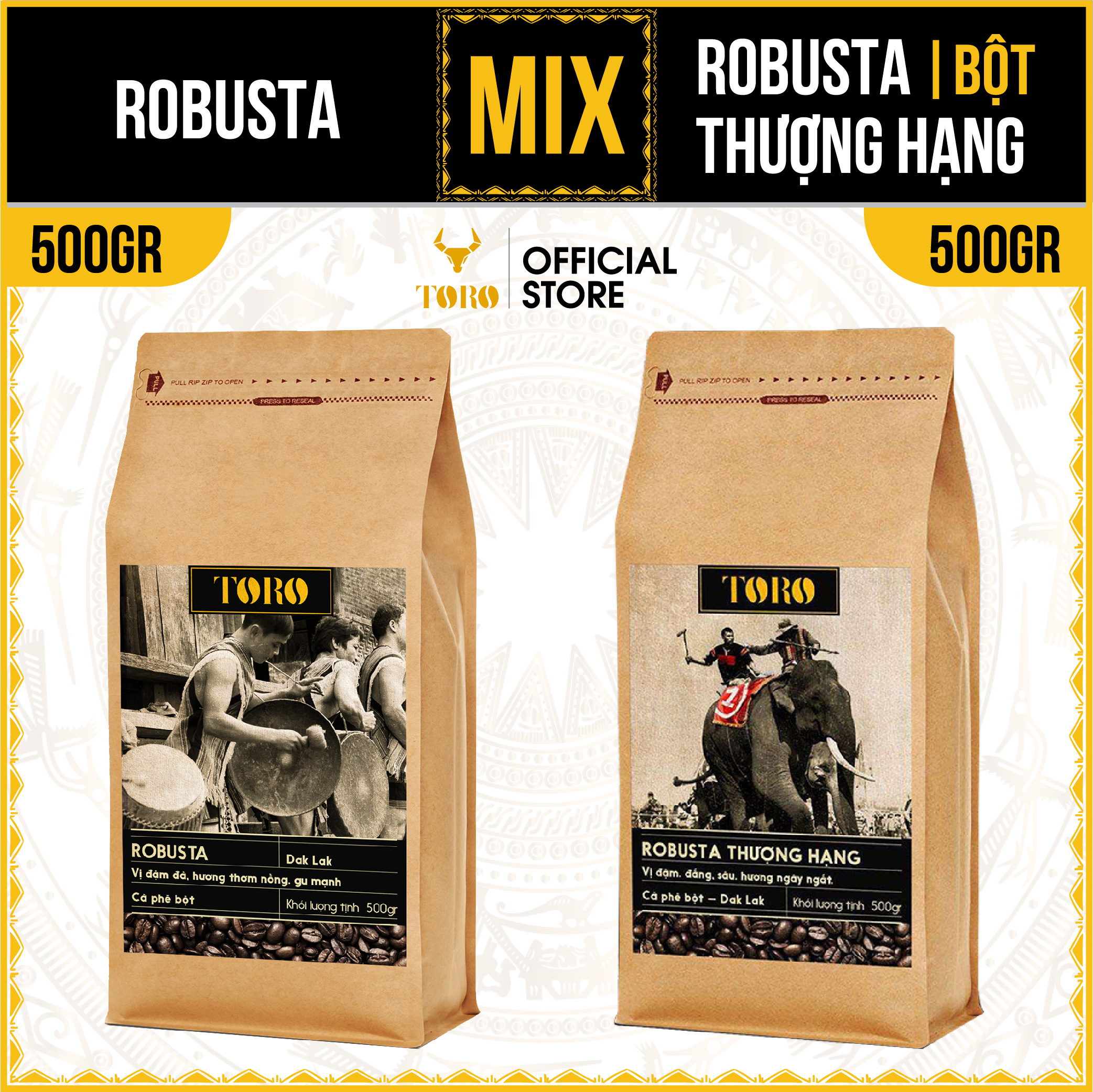 [1KG] Bộ Mix Cà Phê Bột Toro Robusta &amp; Toro Robusta Thượng Hạng Nguyên Chất 100% | 500GR/Gói | TORO FARM