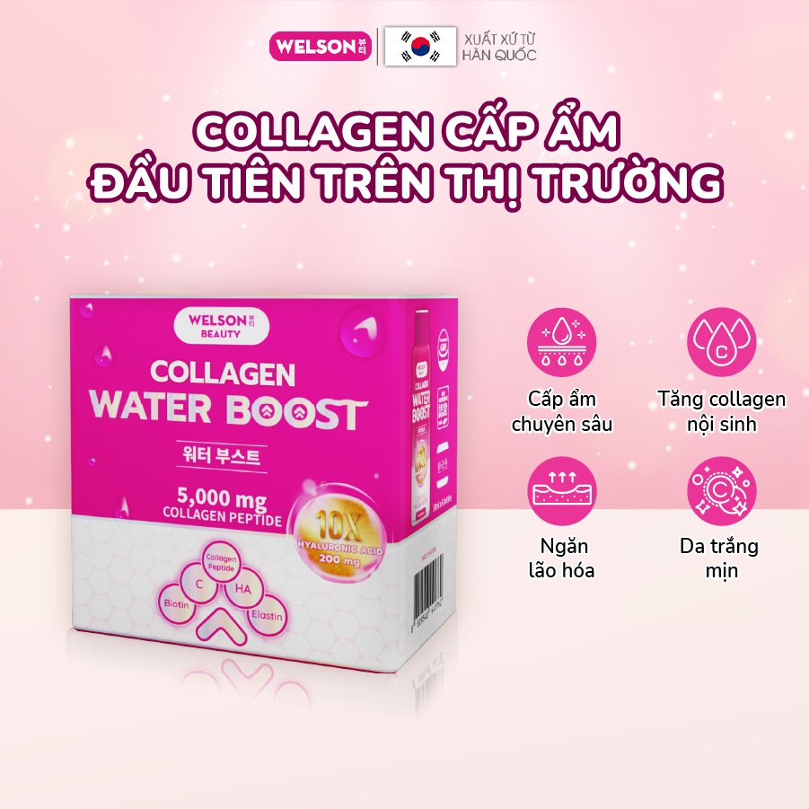 Combo 5 Hộp Collagen Uống Hyaluronic Acid Cấp Ẩm Sáng Da Welson Beauty Water Boost 5 hộp x 6 chai x 50ml