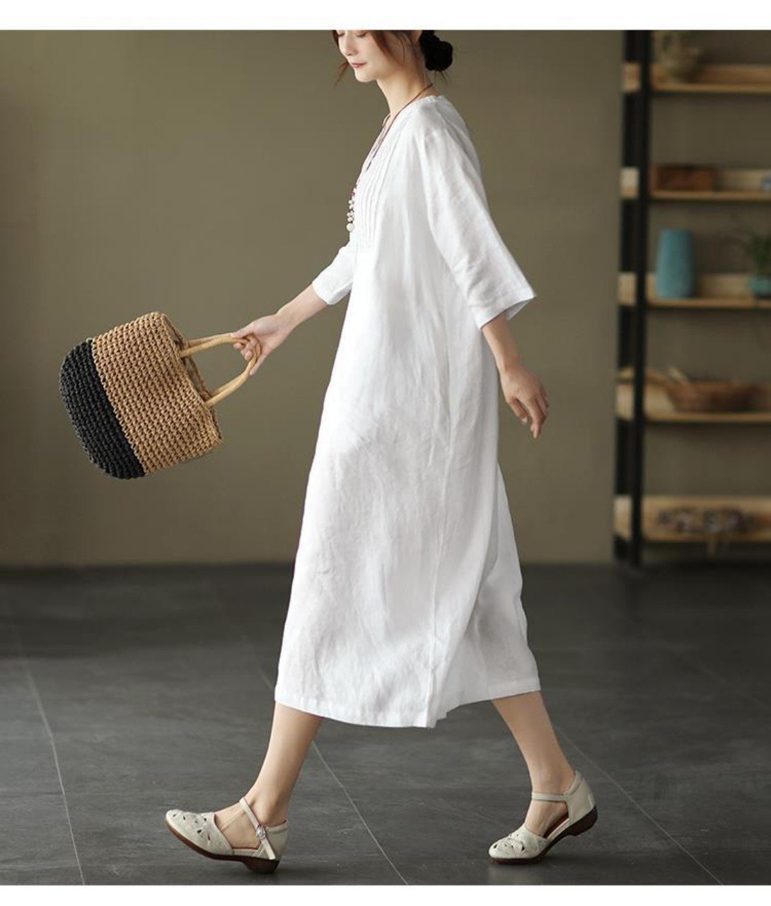 Đầm suông linen tay lỡ cổ phát V, chất vải linen tự nhiên mềm mát, thời trang cho phái nữ Da78
