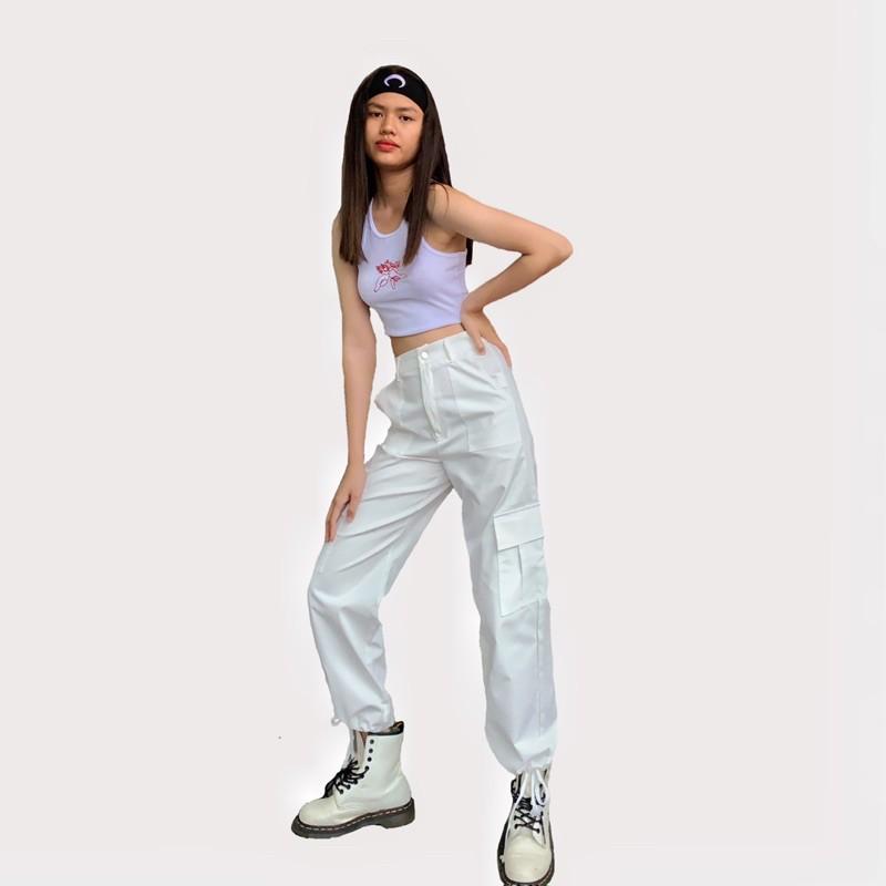 Quần jogger nữ trắng - quần lưng cao nữ