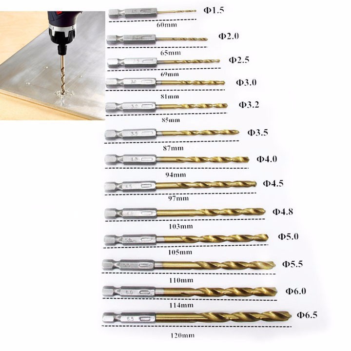 Bộ mũi khoan gỗ, nhôm, mica ,nhựa phủ titanium 13 mũi