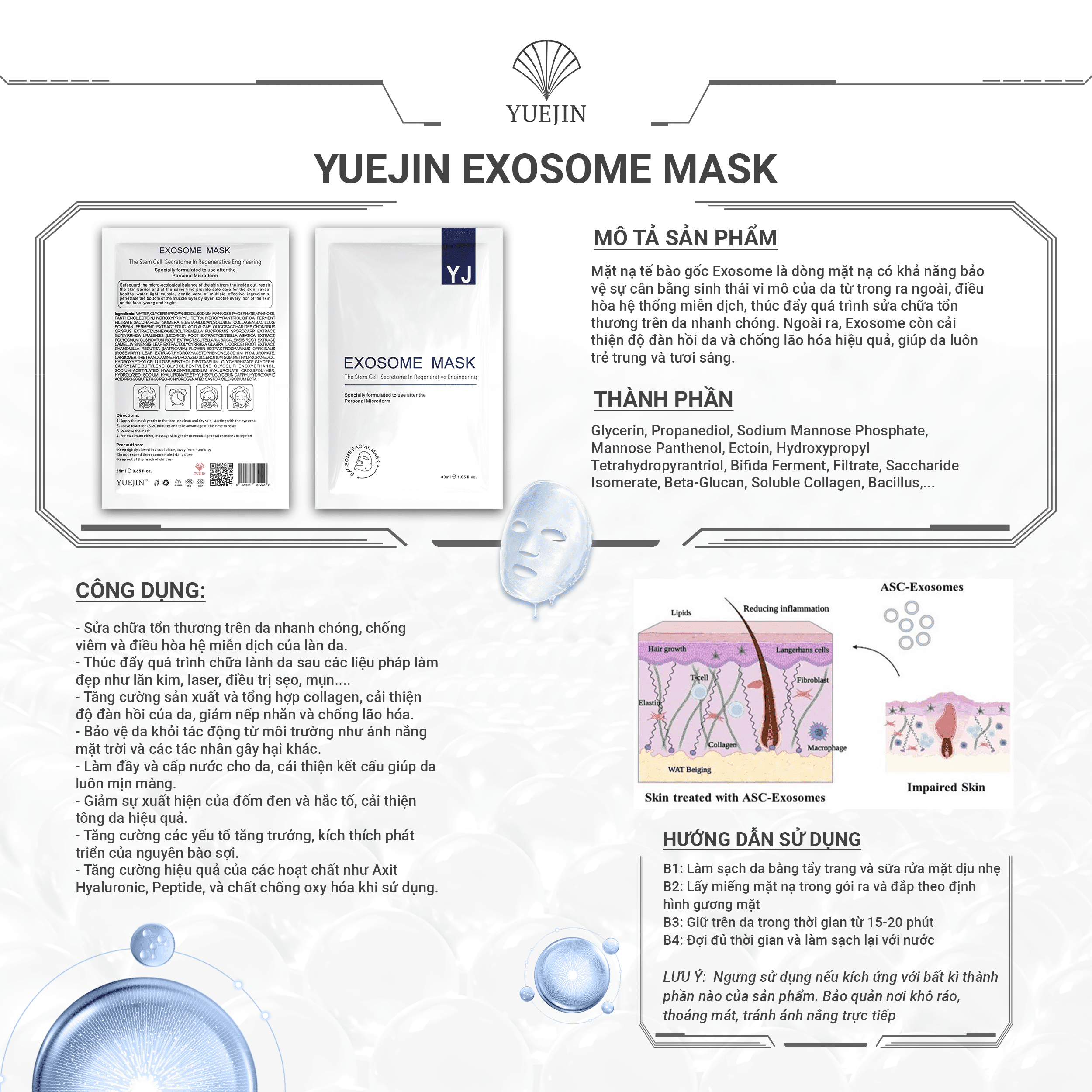 Mặt nạ tế bào gốc Exosome Mask - Yuejin, giúp phục hồi da, chống lão hóa, da sáng mịn (Lẻ 1 miếng)