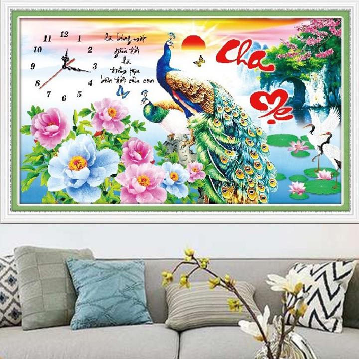 Tranh thêu cha mẹ công đồng hồ X8377 - kích thước: 75 * 45cm.