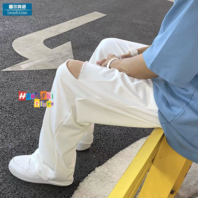 Quần Ống Rộng Rách Gối Màu Trắng Lưng Thun Culottes Ulzzang Unisex - MM