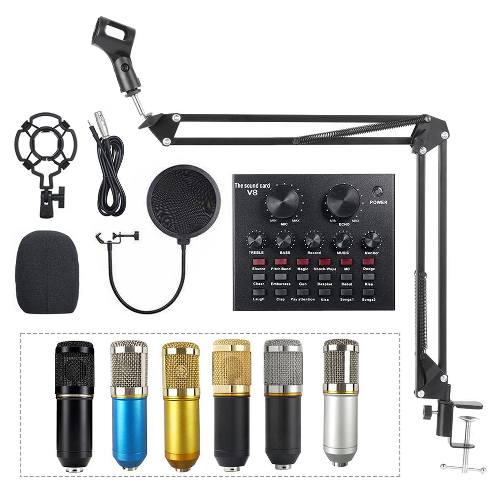 Multifunctional Live Sound Card and Suspension Microphone Kit Broadcasting Recording Condenser Microphone Set Intelligent Audio Mixer Sound Card for Computer PC Live Sound