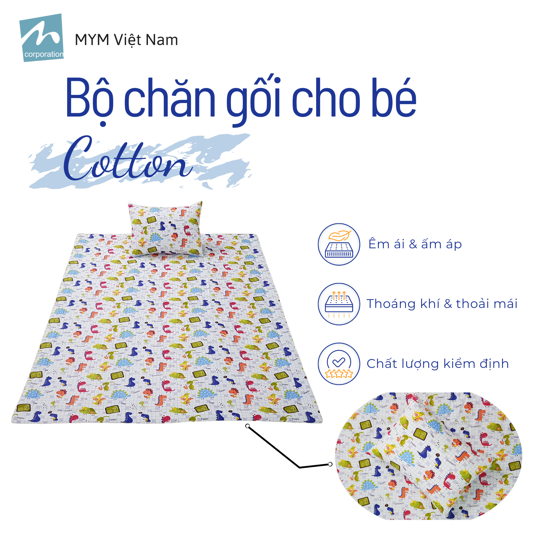 Bộ chăn gối cho bé đi học mẫu giáo MYM chất vải Cotton thấm hút, thoáng khí