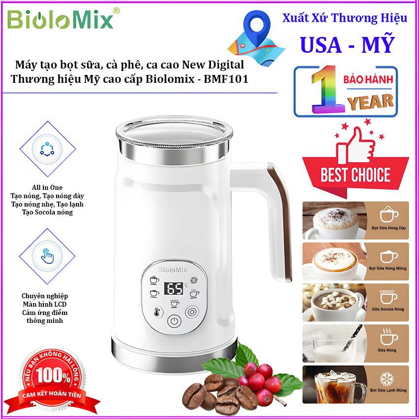 Máy tạo bọt sữa, cà phê, ca cao New Digital 5 trong 1 chuyên nghiệp. Thương hiệu Mỹ cao cấp Biolomix - BMF102E. Hàng chính hãng