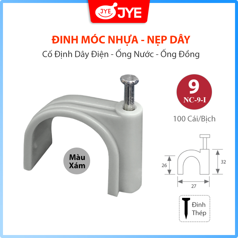 Đinh Móc Nhựa JYE (NC-9-I) 100 Cái/Bịch, Nẹp Đinh Ghim Cố Định Dây Điện, Đinh Móc Ống Đồng Điều Hòa - Ống Nước, Đinh Bằng Thép Chắc Chắn, Nhiều Size Lựa Chọn