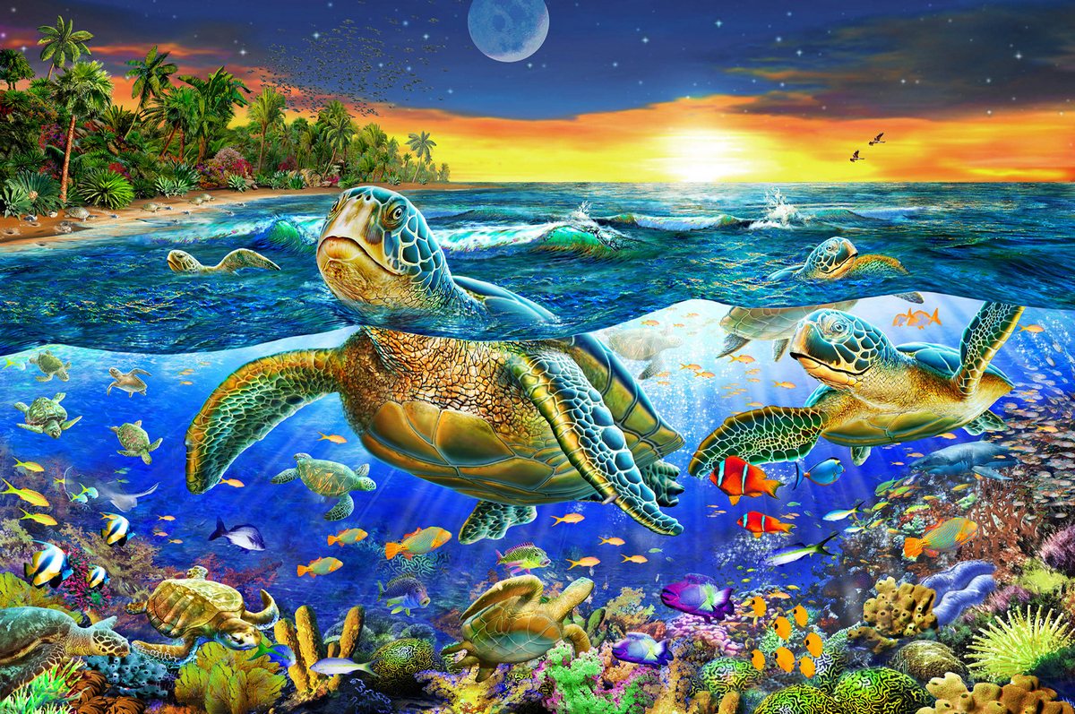 Tranh Xếp Hình Random Cut 750 Mảnh Minh Châu – Sea Turtles (40x60cm)