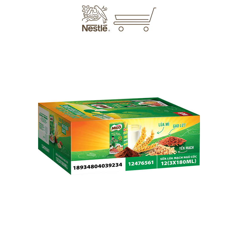 Sữa lúa mạch Nestlé Milo bữa sáng thùng 36 hộp x 180ml (12x3x180ml)