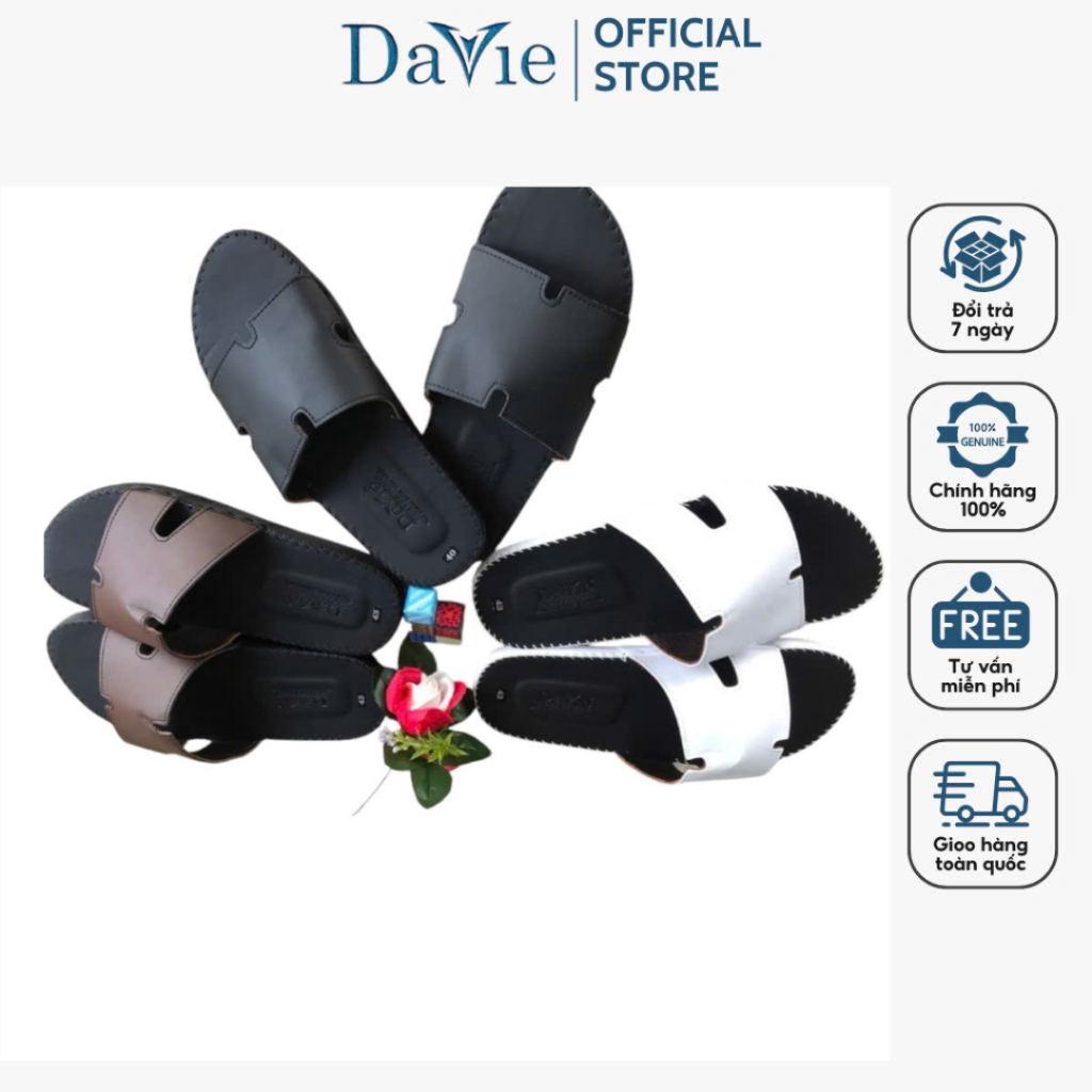 Dép Nam Quai Ngang Thương Hiệu Davie Dvsd02 Chất Liệu Da, Đế Cao Su Bền Đẹp Khả Năng Chống Trơn Tốt
