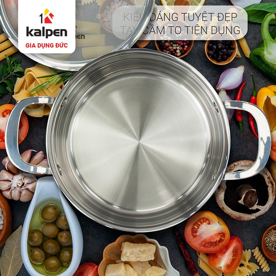 Nồi luộc gà Inox 3 lớp liền khối Kalpen Kazler đường kính 30cm dung tích 14L, đáy từ vung kính, chuẩn Đức - Hàng chính hãng