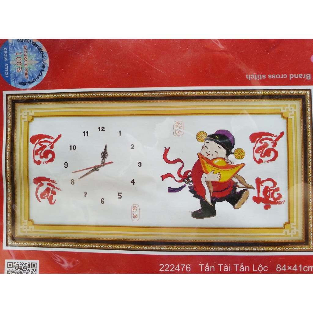 Tranh thêu chữ thập Đồng hồ- Tấn Tài Tấn Lộc chưa thêu