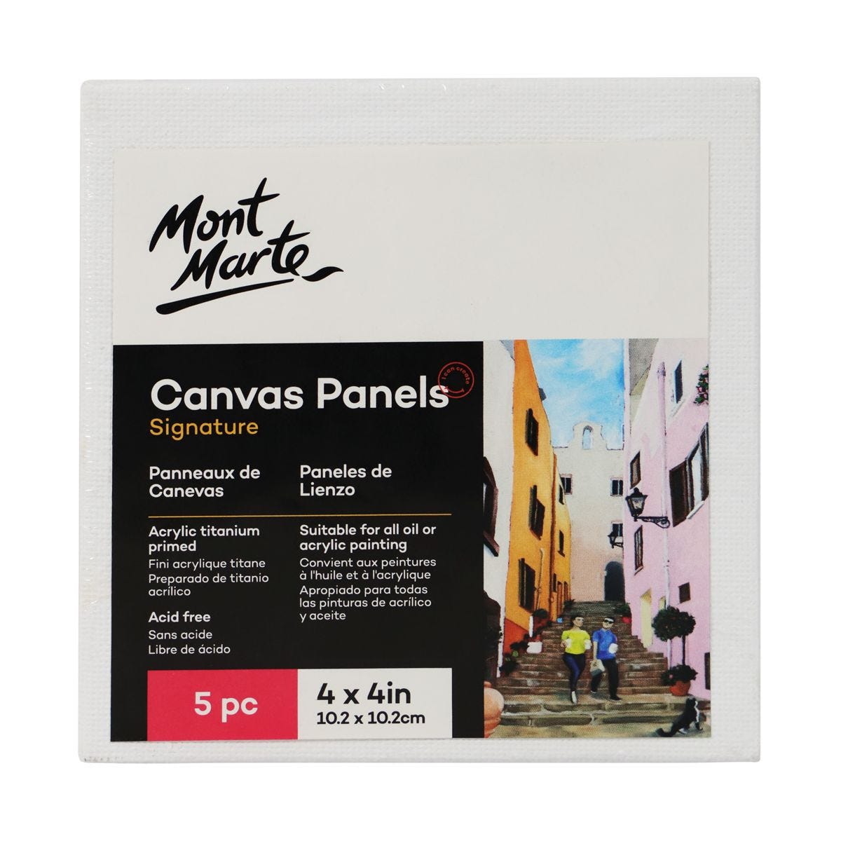 Bộ 5 Tấm Canvas Panel (Toan) hiệu Mont Marte Dùng Để Vẽ Màu Acrylic 10.2x10.2cm - Canvas Panels Signature Pack 5 10.2 x 10.2cm (4 x 4in)