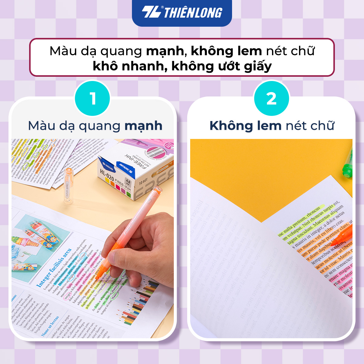 Bút dạ quang Thiên Long HL-020 - Công nghệ Free-ink system mực ra đều liên tục