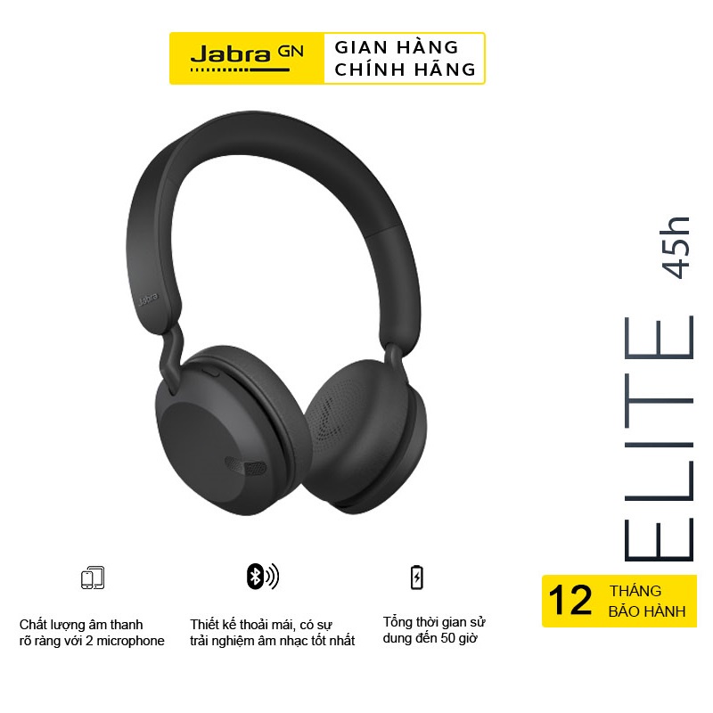 Tai Nghe Bluetooth Chụp Tai On-ear JABRA ELITE 45H Đan Mạch Nghe Nhạc Đàm Thoại 50H 2 microphone Hàng Chính Hãng