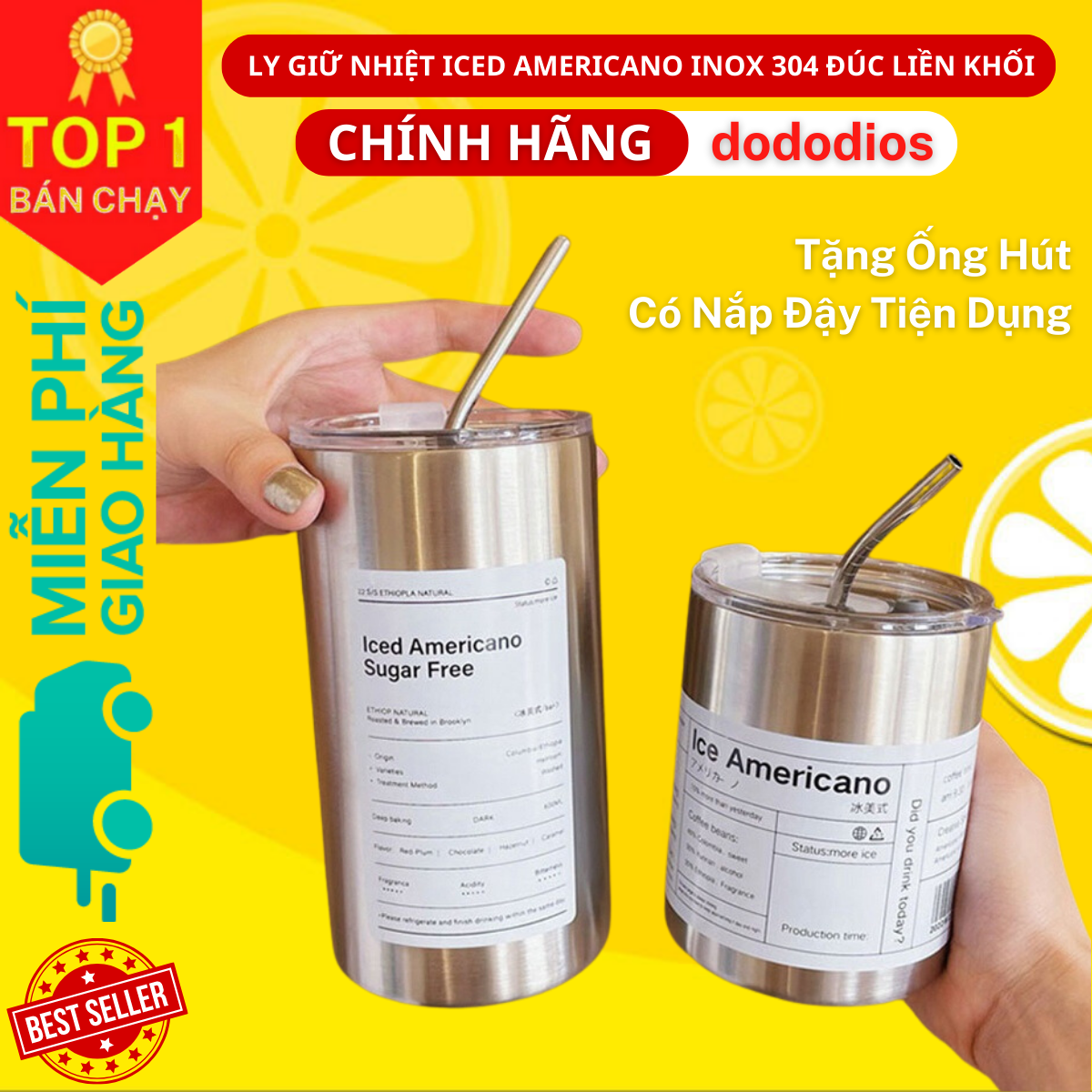 Bình đựng nước giữ nhiệt Iced Americano có ống hút dung tích 600ml, Ly cốc giữ nhiệt cute uống cà phê dùng văn phòng, Cốc giữ nhiệt Iced Americano thể tích 650ML/300ML,làm bằng inox,có ống hút - Hàng Chính Hãng dododios