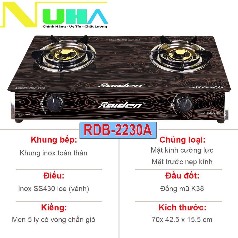 Bếp ga đôi kiếng cường lực Raiden RDB2230A, đầu đốt đồng mũ K38, kiềng men 5 ly-Hàng chính hãng