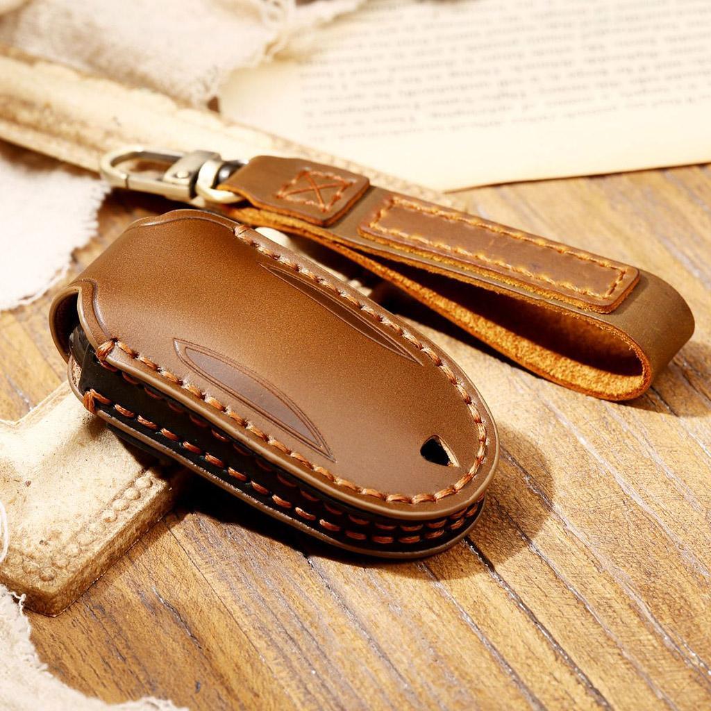 Keychain Leather Remote control 3 buttons Key Fob Brown A